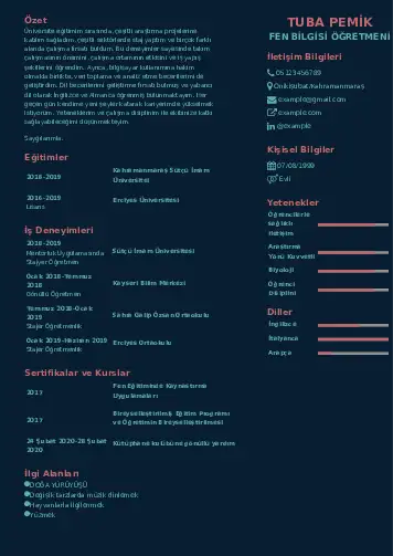 Fen Bilgisi Öğretmeni CV Örnekleri cv indir
